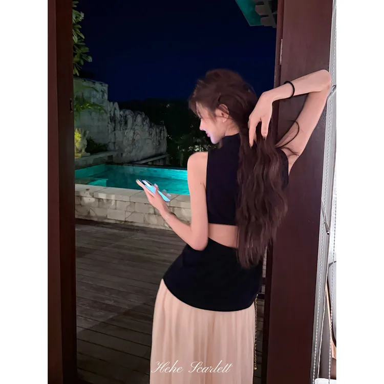 你的呵呵scarlett|赫本风丝绒无袖性感露背上衣 春夏韩系优雅背心