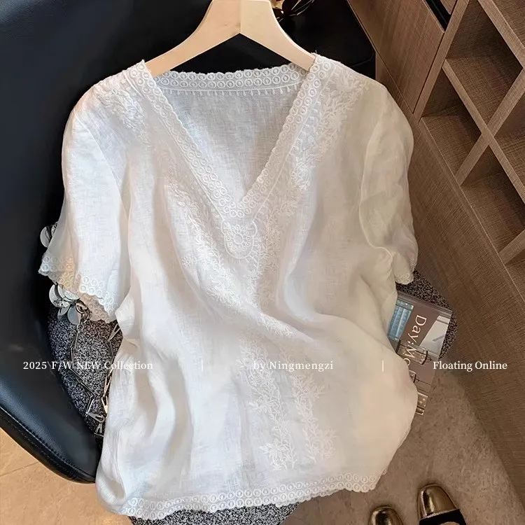 白色v领刺绣短袖衬衫女2025夏季新款简约气质老钱风气质百搭上衣