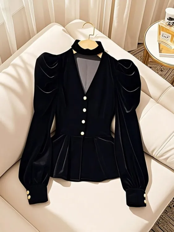 小香风黑色丝绒长袖衬衫女款2025早春新款挂脖法式独特漂亮上衣
