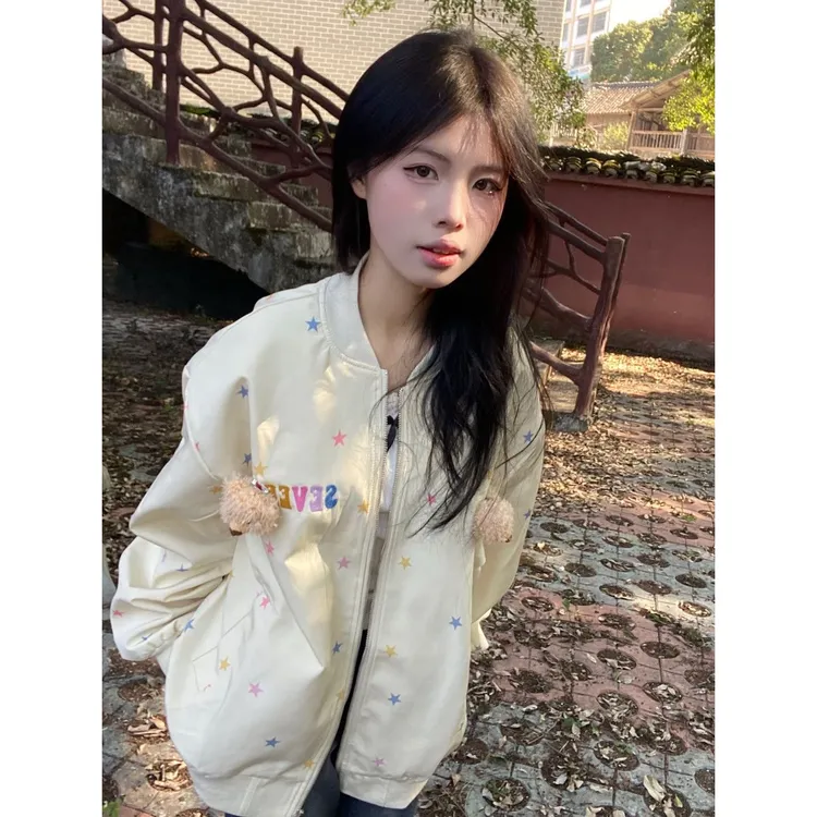 日系可爱星星满印棒球服外套女秋季新款甜美小个子bf宽松夹克上衣