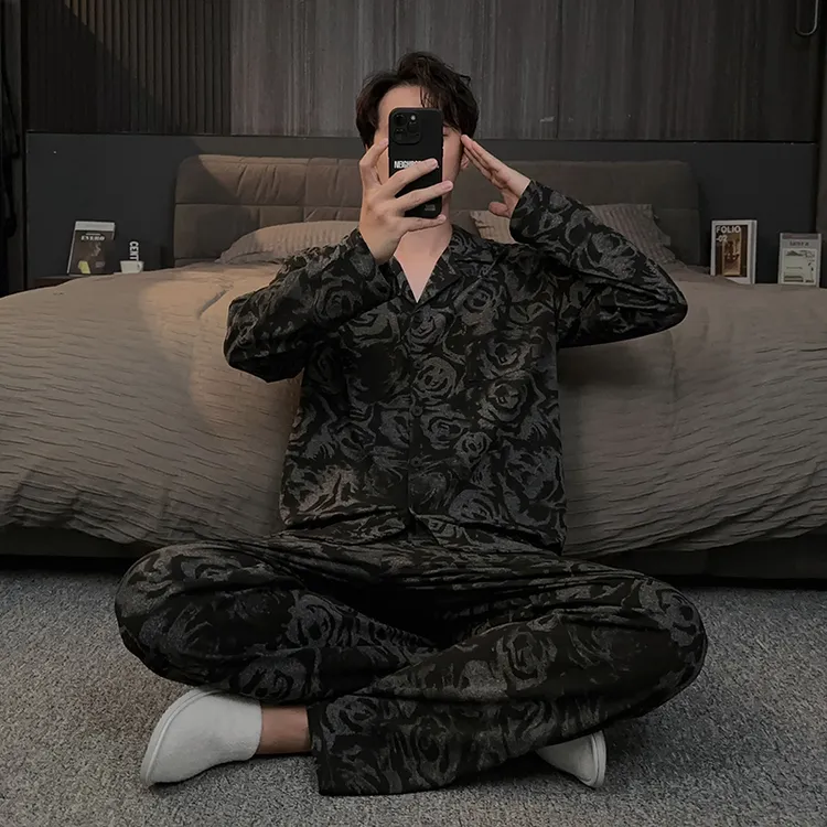 高级感男士睡衣套装春秋款长袖长裤2025新款国风锁温棉家居服大码