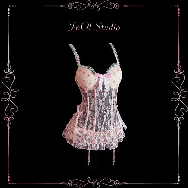 「FnOl Studio」樱桃慕斯 粉色蕾丝睡裙法式纯欲收腰鱼骨吊带蛋糕裙