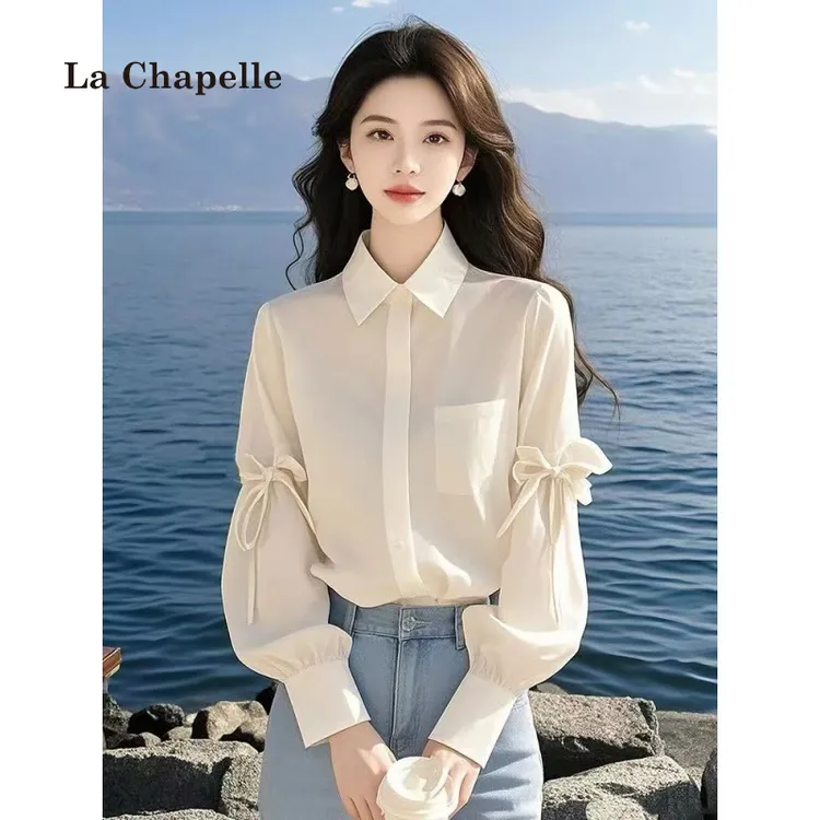 拉夏贝尔春秋季高端欧货洋气法式绝美气质日系白色长袖上衣女衬衫