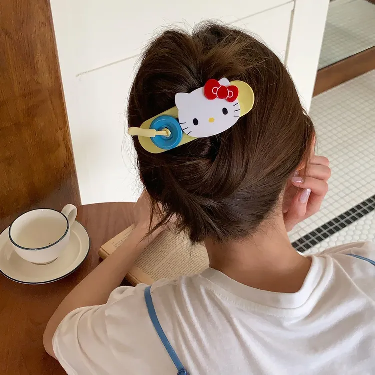 撞色少女KT星球猫咪纽扣发夹大号鸭嘴夹半扎盘发夹子发抓发饰品