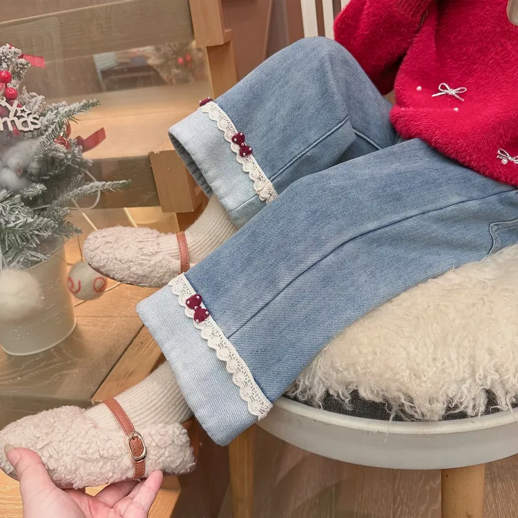 女童加绒裤子秋冬季新款儿童花边牛仔裤洋气宝宝加厚一体绒休闲裤