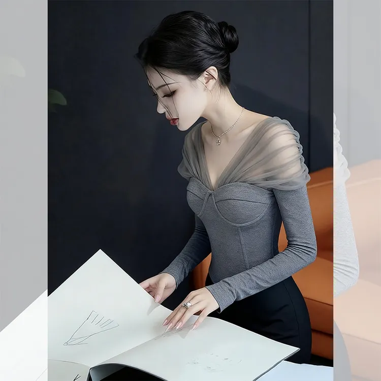 洋气高贵独特漂亮内搭网纱V领上衣打底小衫深灰色长袖t恤女装秋冬