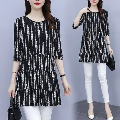 [夏]雪纺衫T恤女中长款2025夏新款女装胖MM遮肚显瘦提花条纹宽松