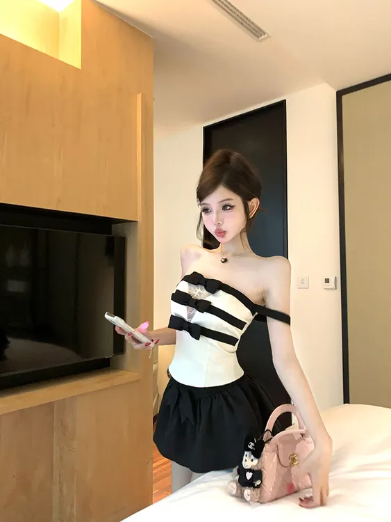 蝴蝶结撞色一字肩法式蕾丝抹胸背心女夏收腰显瘦性感辣妹无袖上衣
