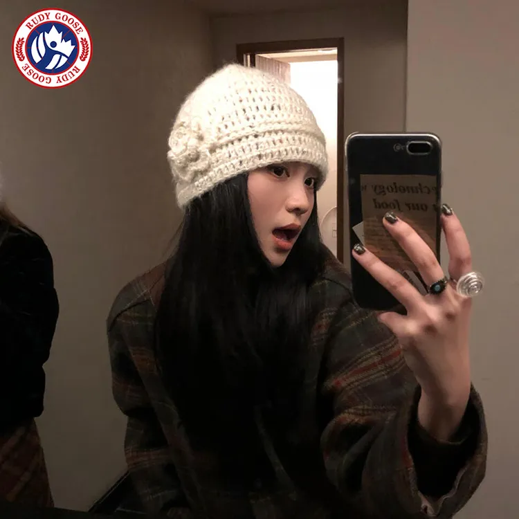 RUDY GOOSE花朵针织包头帽女秋冬百搭保暖冷帽氛围感显脸小套头帽