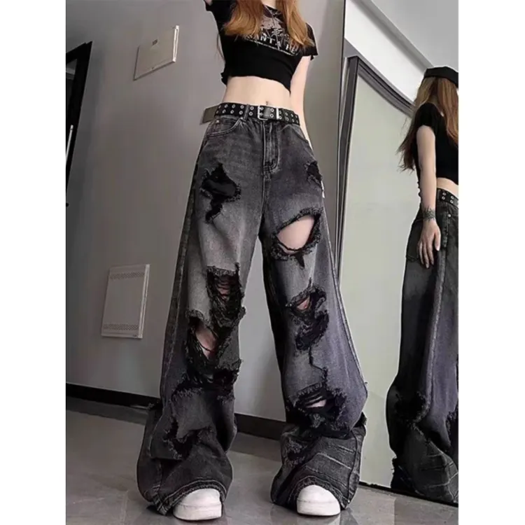 美式黑灰色y2k破洞牛仔裤女2025冬季新款高腰宽松显瘦阔腿长裤子