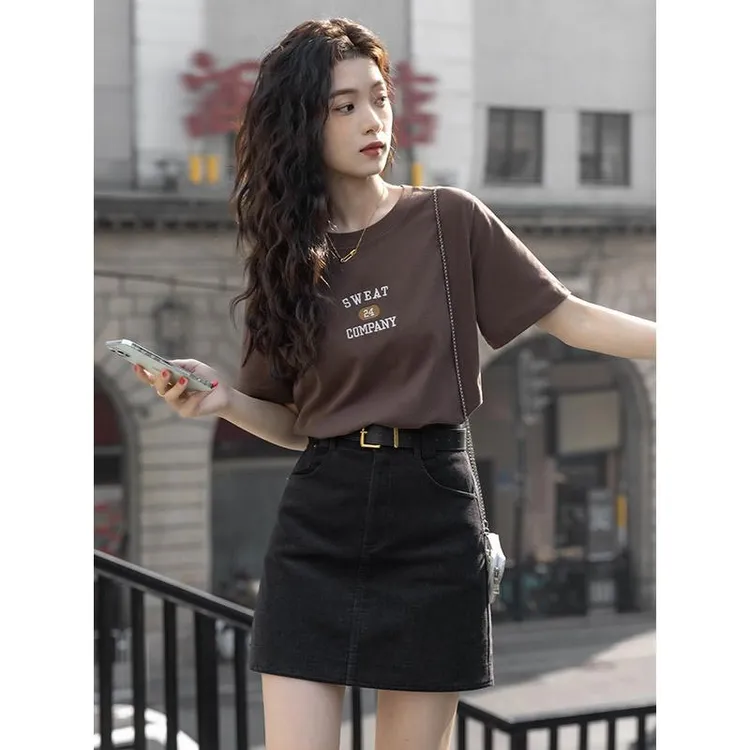 2025夏季韩式新款慵懒风印花短袖T恤百搭牛仔短裙高级感两件套女