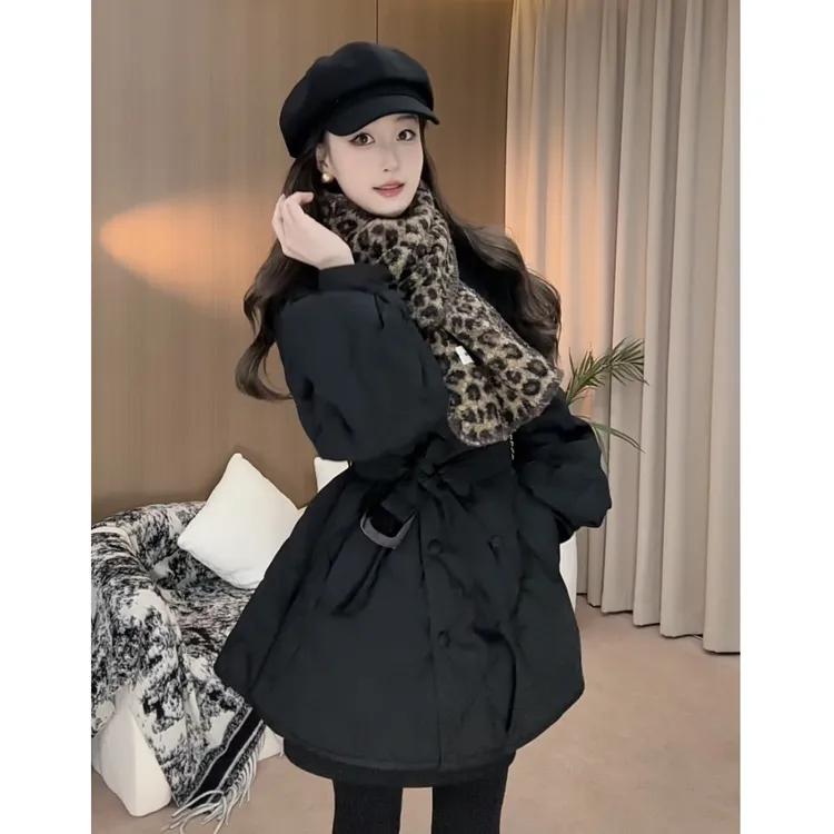 2025冬季爆款韩系小个子3167通勤风中长款菱格收腰夹棉加厚外套