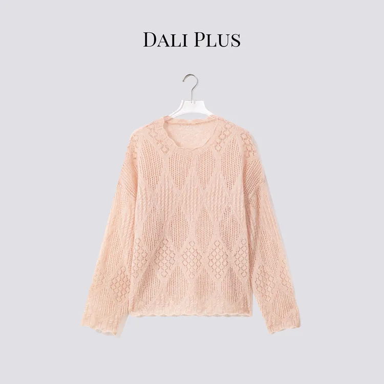 DALI PLUS“波浪边马海毛毛衣”浅色系蕾丝镂空长袖针织-D5MM2548