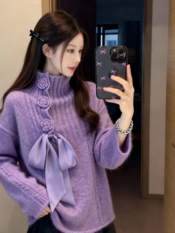 紫色蝴蝶结立领毛衣女款2025新款秋冬立体花朵气质长袖针织衫上衣