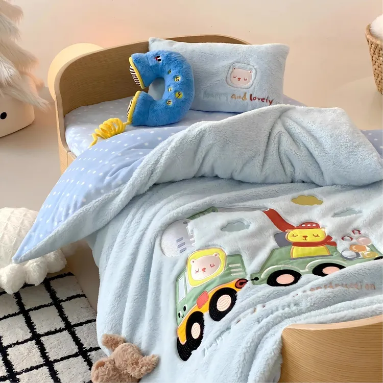 米苏卡通牛奶绒儿童被套单件宝宝珊瑚绒被罩三件套幼儿园保暖冬季