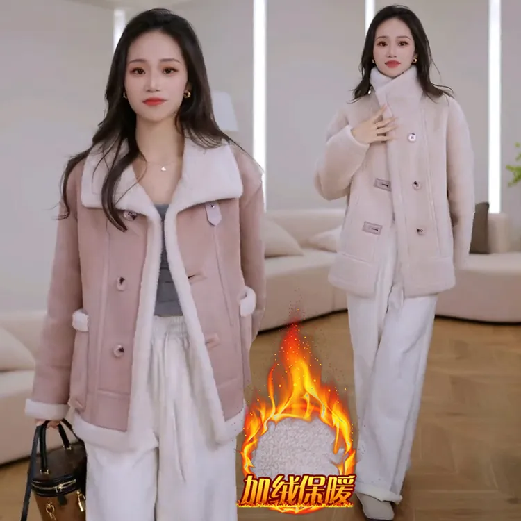 韩系设计感短外套女2025年冬季新款简约皮毛一体两面穿机车服棉衣