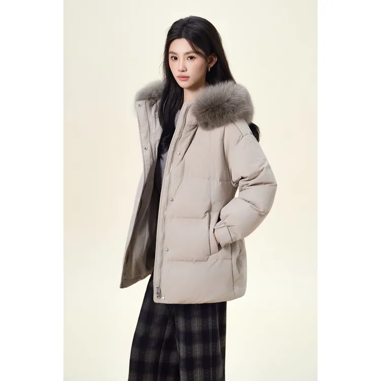 【年终狂欢购】茵曼冬季加厚保暖毛领羽绒服女休闲面包服长款外套