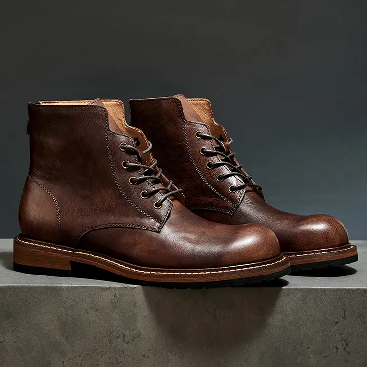 头层牛皮靴子男靴秋冬真皮马丁靴英伦复古时尚百搭擦色圆头男士潮