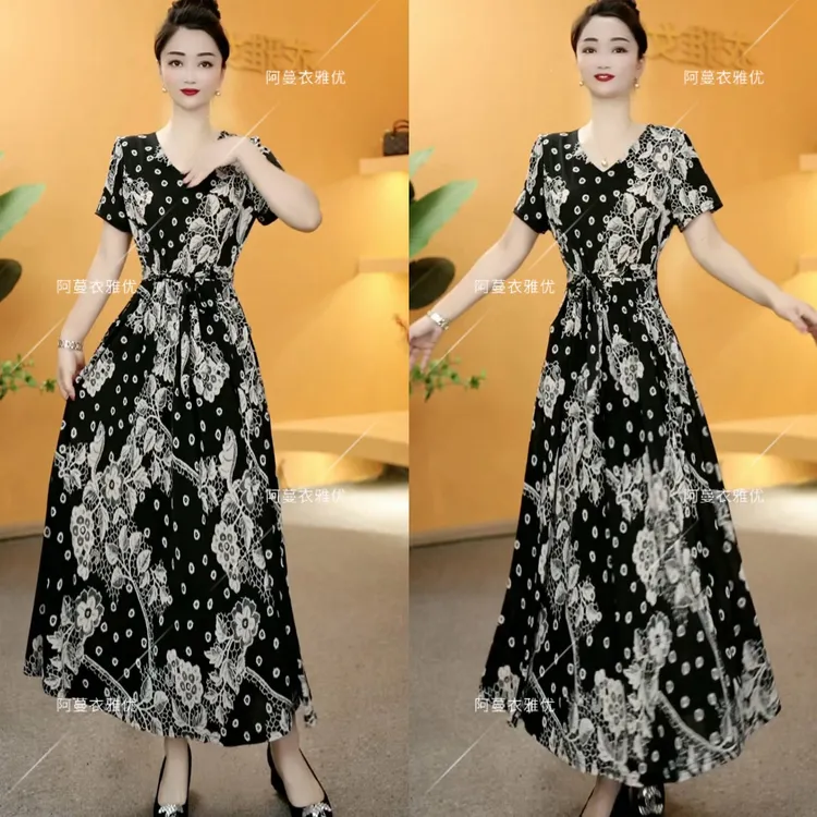 【衣雅严选】8068-1966#夏季新款弹力缎面气质高腰系带大摆连衣裙