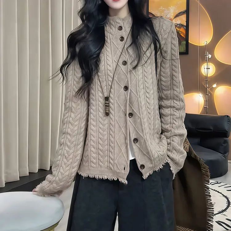 小香风流苏长袖麻花针织开衫女秋冬季宽松慵懒高级感毛衣外套上衣