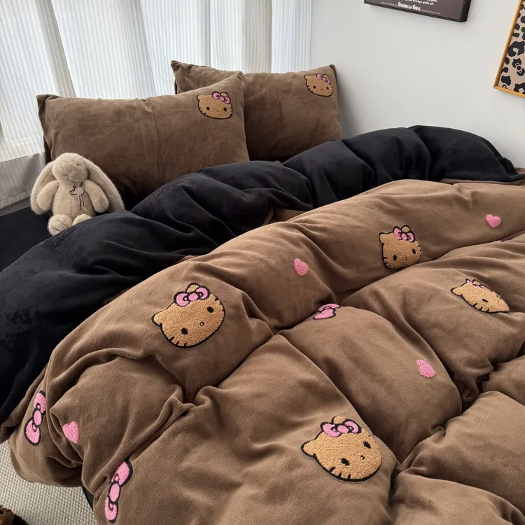 猫咪日记卡通秋冬高克重保暖牛奶绒四件套宿舍三件套床品床单床笠