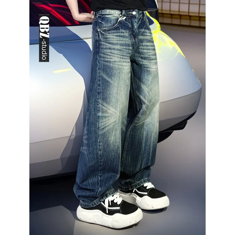 QBZ巴黎复古水洗蓝弯刀牛仔裤男宽松直筒阔腿松弛感休闲老爹长裤