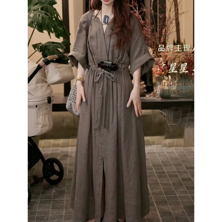 法式时尚气质设计感宽松显瘦连衣裙女2025夏季新款系带收腰A字裙