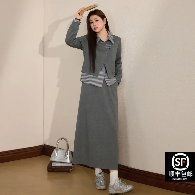蓝语大码女装设计感假两件衬衫卫衣高腰a字半身裙入秋套装26211