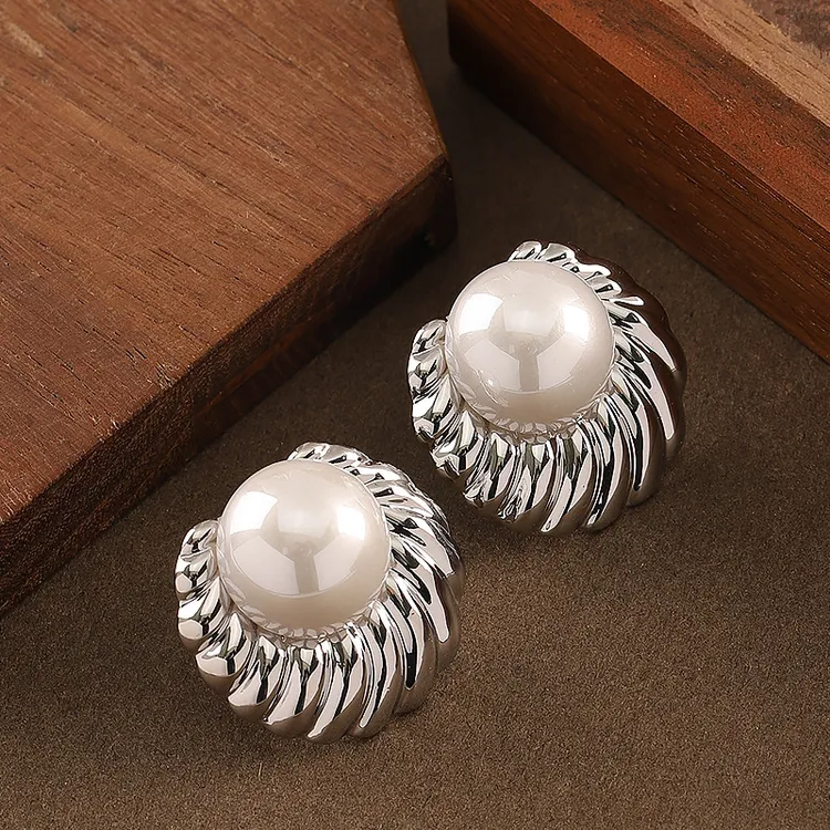 足银合成锆石耳饰 时尚简约度假风圆形麻花编织珍珠耳钉轻奢高级