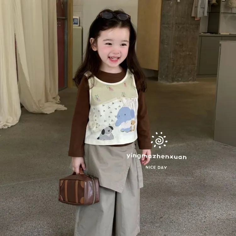 2025秋季女童新款卡通小象长袖背心卡其工装裤韩系女童女宝秋装MM