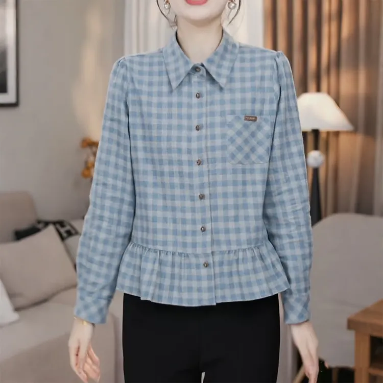 复古格纹POLO领长袖衬衫女秋冬季新款高级时尚独特别致荷叶边上衣