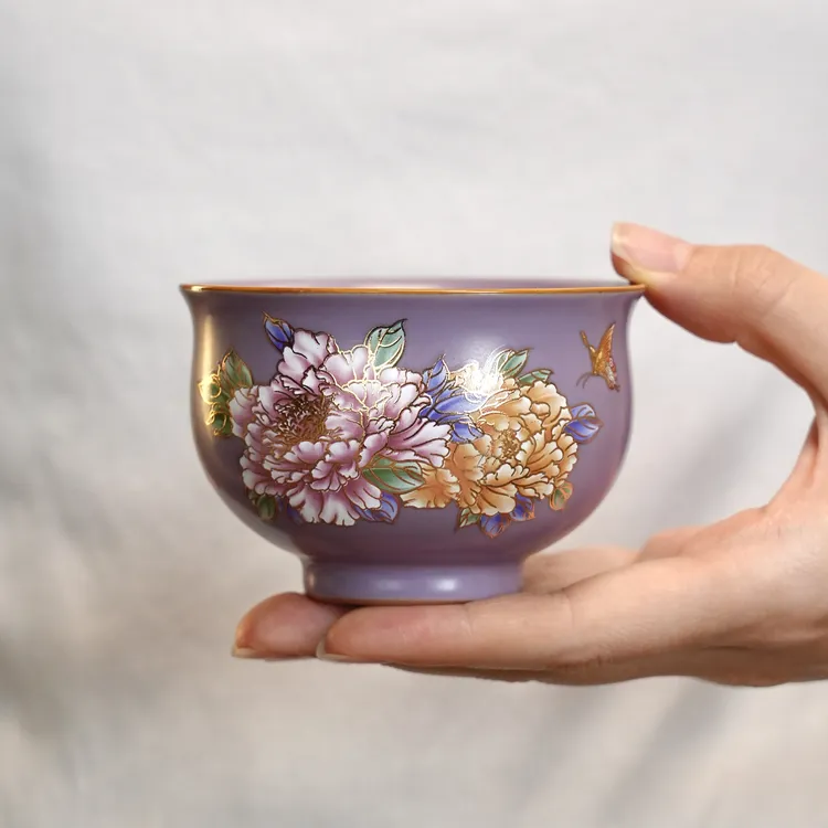 BY164-紫韵汝窑预热变色牡丹主人杯蝶恋花茶杯手工单杯陶瓷品茗杯