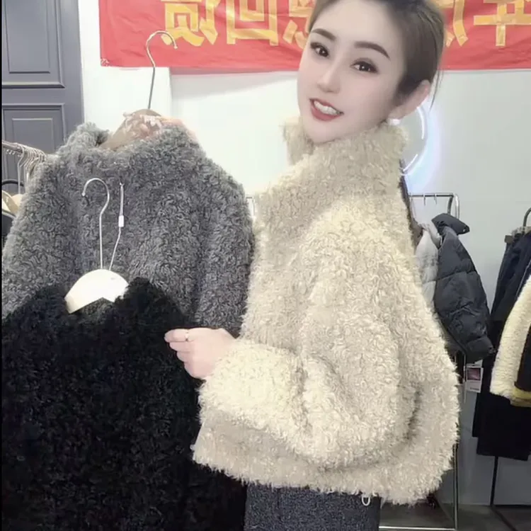 欧货韩版毛毛外套女立领短款宽松时尚百搭显瘦保暖毛绒加厚上衣潮