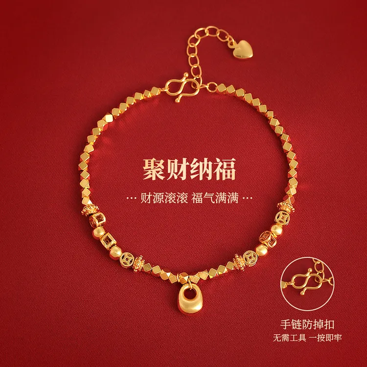 铜合金锆石手链 古法金坨坨碎碎金钱币福袋手链小众手串招财纳福