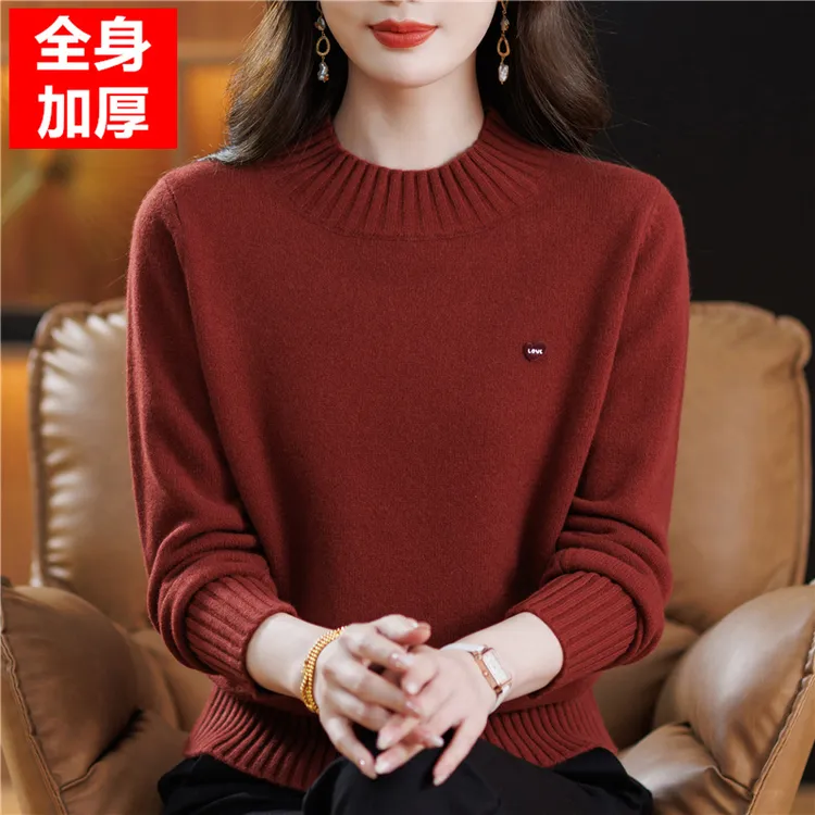 纯色高档羊绒衫女秋冬半高领毛衣宽松中老年妈妈装加厚羊毛打底衫