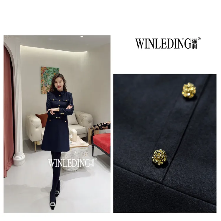 温澜服饰·雅“黑松露”羊毛单排金扣连衣裙女2025冬季新款高级10223