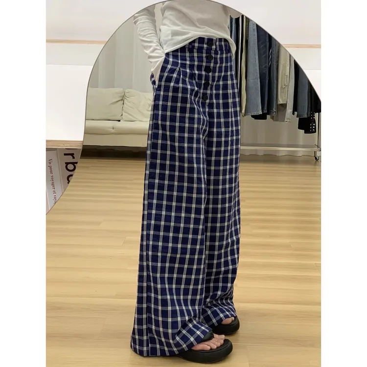 蓝色格子休闲裤女2025新款宽松慵懒风梨形身材胖mm高腰显瘦阔腿裤