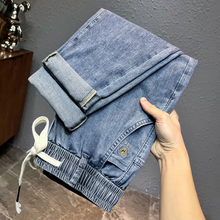 夏季薄款男士牛仔裤2025新款男款冰丝潮牌宽松直筒松紧腰休闲裤子