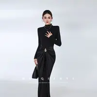 MD定制·杨千亿【洛神花信】2025秋季气质长袖拼接流苏不规则连衣裙