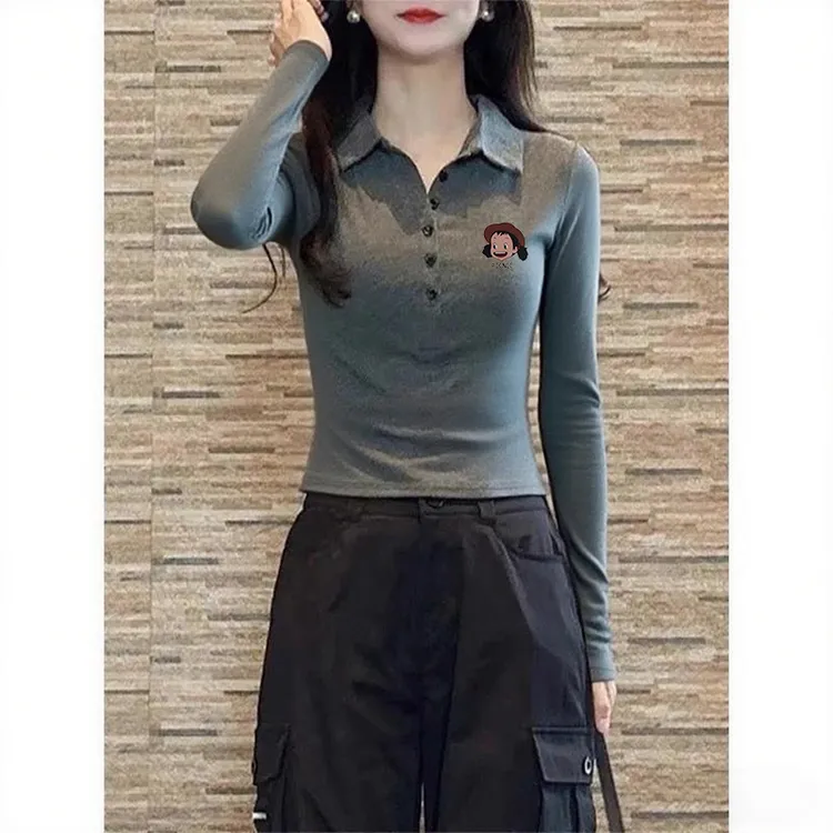 港风酷辣半开领爱心纽扣灰色修身长袖t恤女小个子Polo领短款上衣