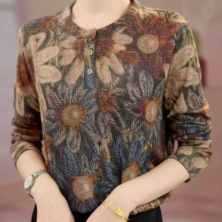 复古澳绒印花女秋冬时尚百搭气质显瘦减龄圆领小衫(花型位置随机)