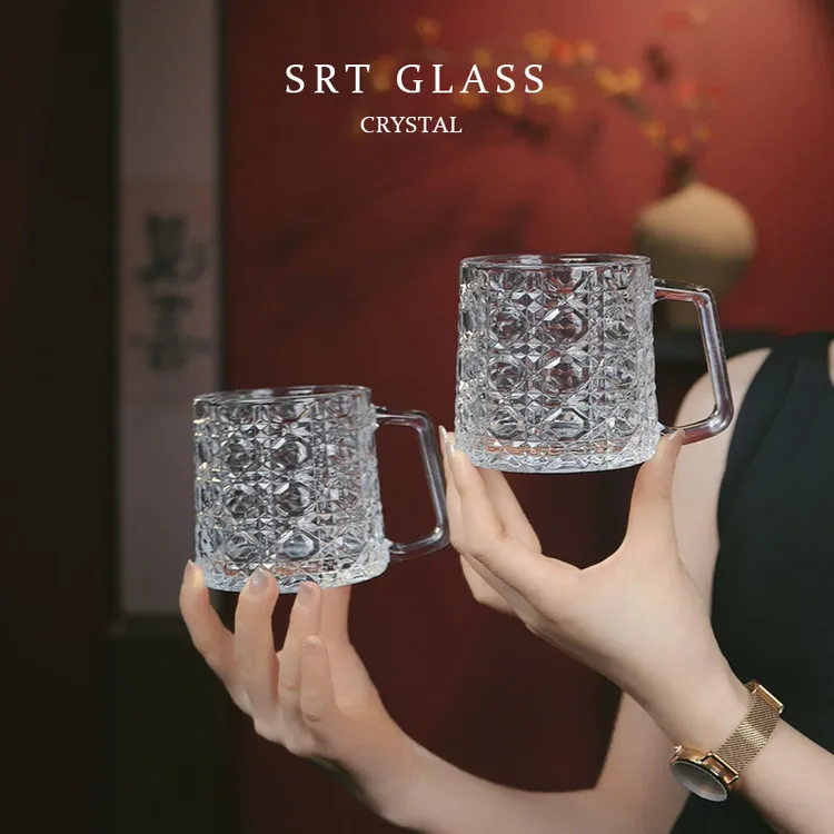 【2只装】宝石纹带把刻花玻璃杯家用早餐牛奶杯透明喝水杯