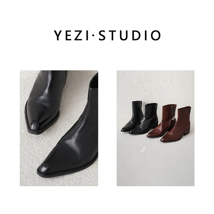 【布1朗尼】复古新款水洗马皮粗跟尖头设计褶皱切尔西靴25449057