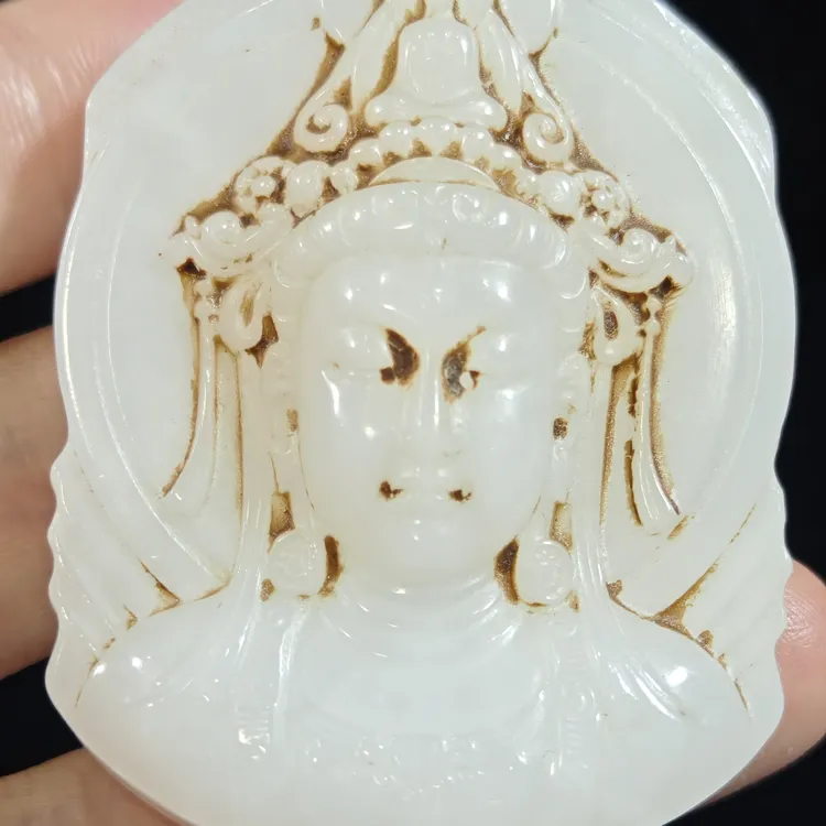 旧藏天然和田玉观音玉牌吊坠挂件63克68*45*13mm