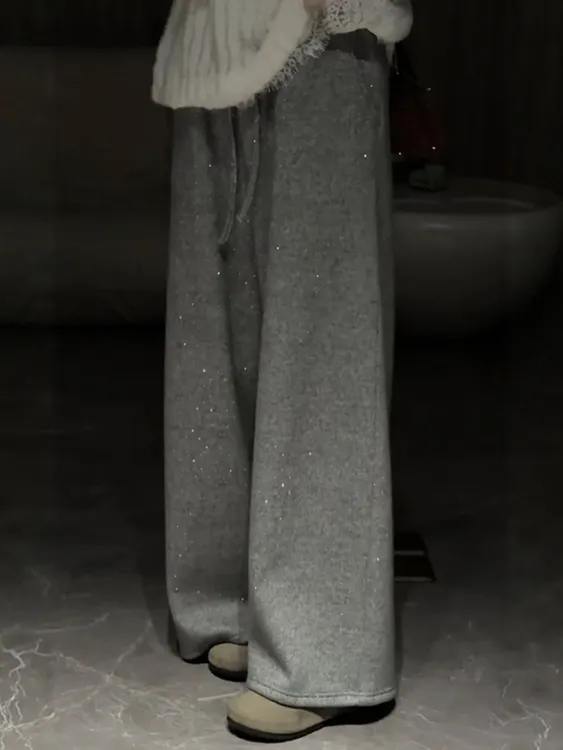 灰色休闲闪钻运动加绒裤子大码女款阔腿梨形报恩裤今年流行梧桐裤