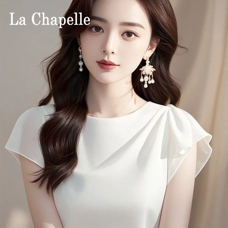 拉夏贝尔漂亮设计感粉色短袖衬衫女法式独特洋气夏装雪纺上衣夏