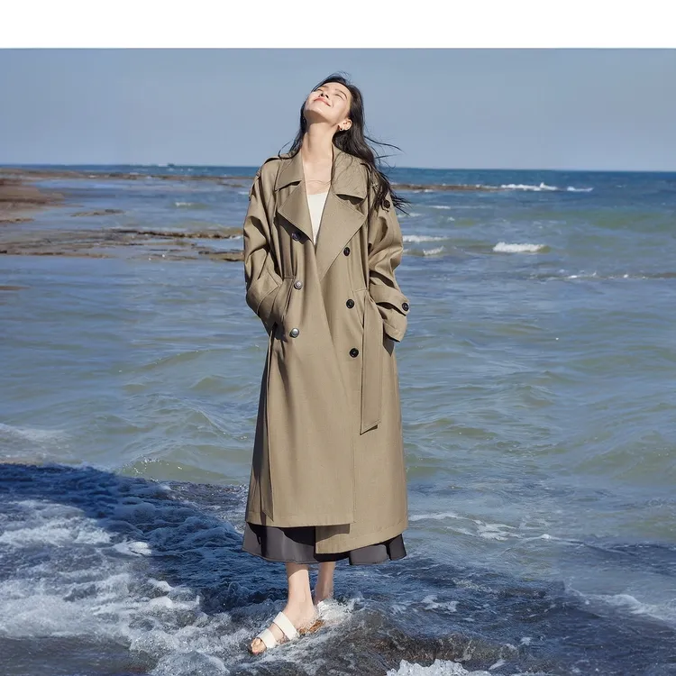 巴黎旧梦秋冬经典廓形大翻领双排扣卡其色中长款气质风衣外套大衣