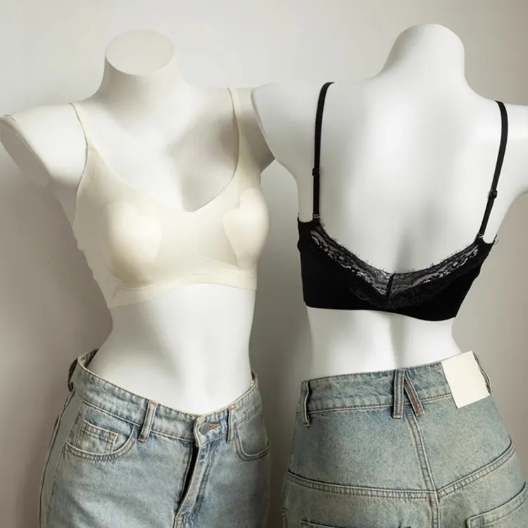 超薄款蕾丝美背内衣女大胸显小冰皮一片式无钢圈夏季背心式文胸罩
