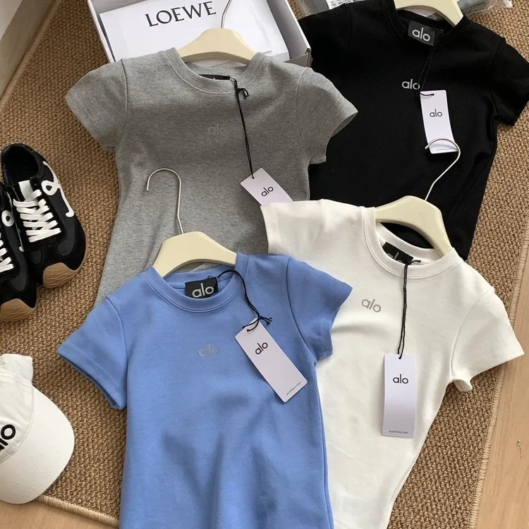 桐森服装 alo辣妹短袖T恤女圆领印花修身正肩健身训练运动上衣女