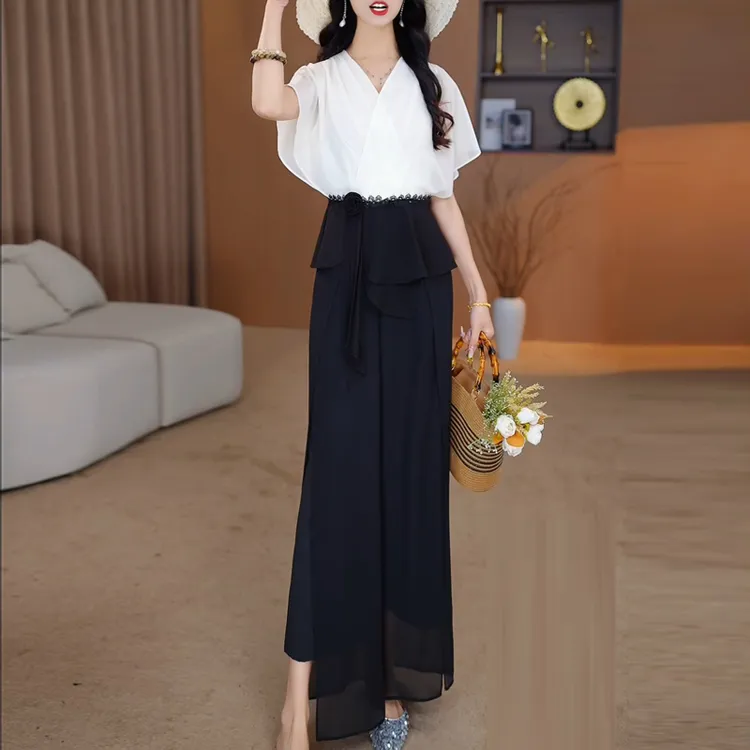 今年流行穿搭一整套女夏季2025新款阔腿裤大方得体减龄套装两件套